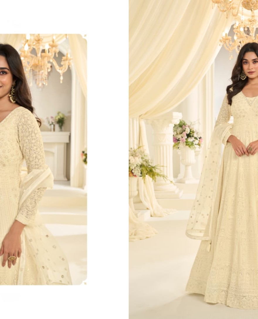 WHITE - Ivory Elegance Embroidered Anarkali Gown